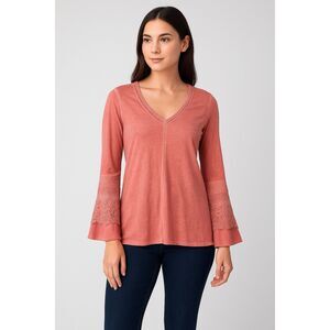 Boho Bell Sleeve Blouse Crochet Lace Festival Top Coral Pink Hippie Chic Sz XS